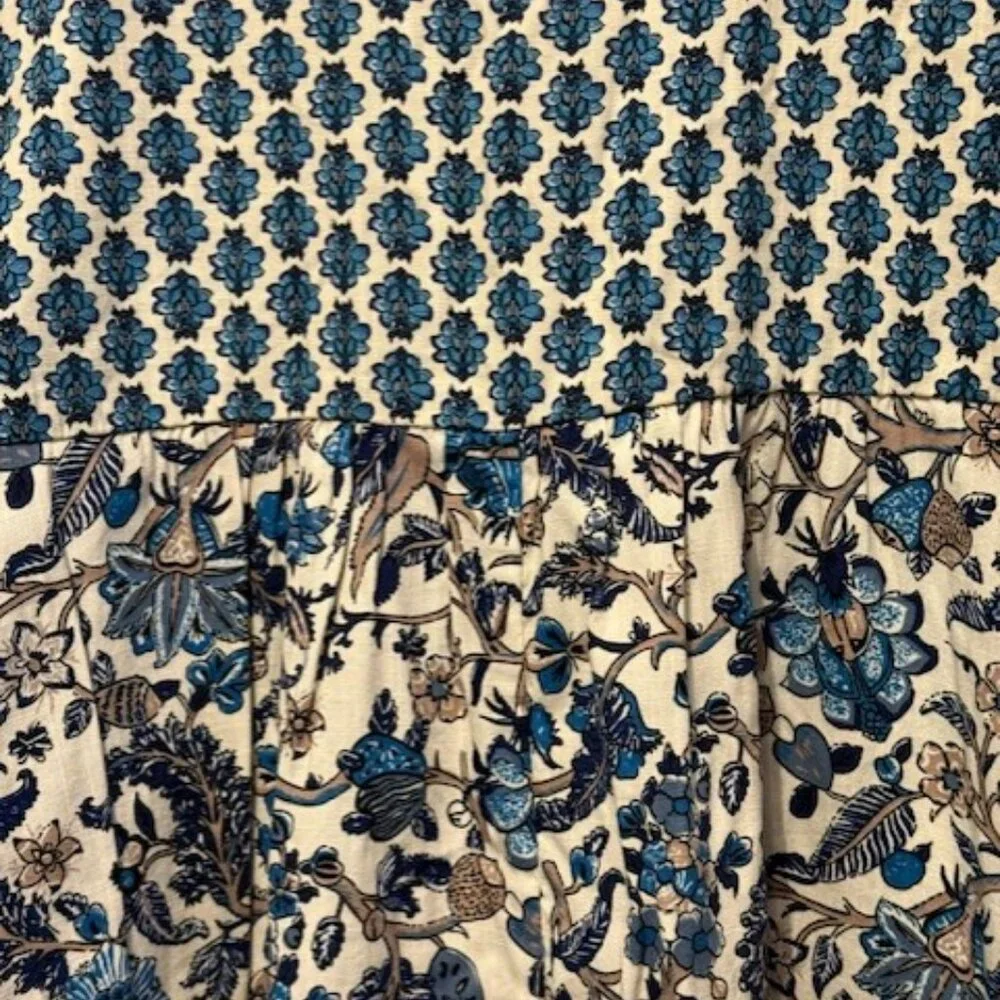 Retro Puff Sleeve Blue Bohemian Floral Tassel Tie Dress - Picture 16 of 16